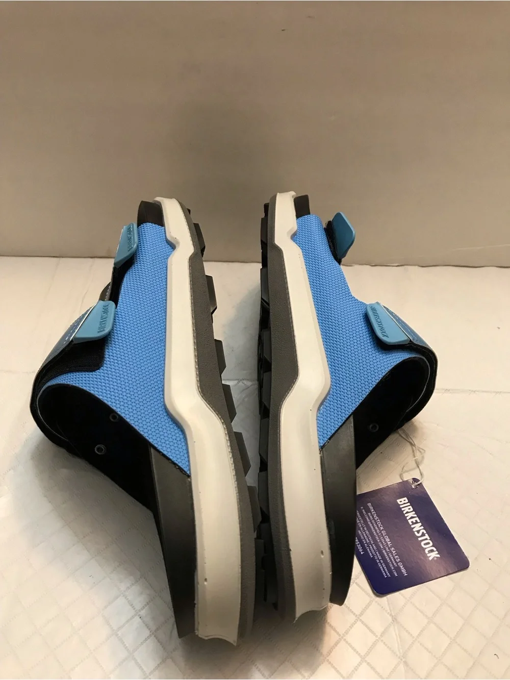 Birkenstock Light Blue and Black Dual-Strap Slides